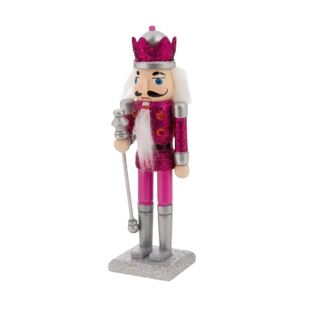 Nutcracker Table Top Hot Pink Glitter Christmas Decor Silver Pink Crown 7 in New